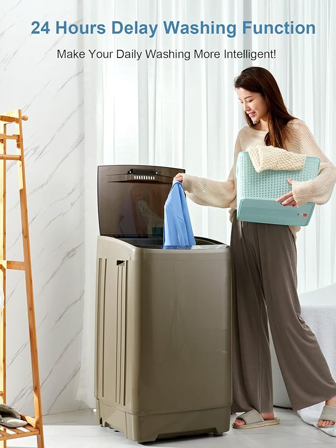 Full-Automatic Washing Machine 17.7 lbs Small Compact Portable 10 Wash Program & 8 Water Level Compact Washer with LED Display Ideal for Apartments, RV, Camping, Gold (KB03-GOLD6)