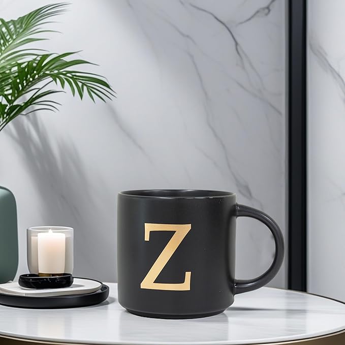 COLLECTIVE HOME - Monogram Ceramic Mugs, 15 oz Golden Initial Black Coffee Cups, Elegant Alphabet Tea Mugs, Elegant Personalized Mug with Gift Box, Unique Mug with Double Side Capital Lette (Z)