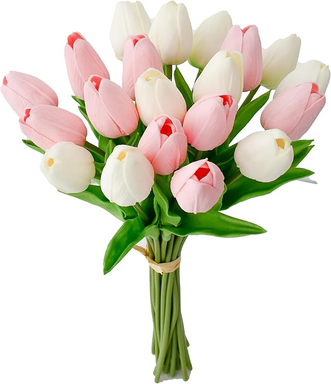 Mandy's Artificial Tulips 20 Stems White and Light Pink PU Faux Flowers for Wedding Home Decor 13.5 Inch