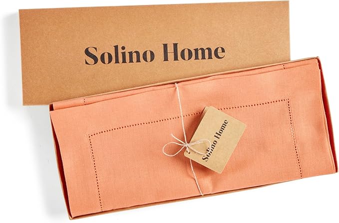Solino Home Linen Coral Hemstitch Table Runner 60 Inches - 100% Pure Linen Small Table Runner 14 x 60 Inch Ideal for Dresser and Coffee Tables - Classic Hemstitch