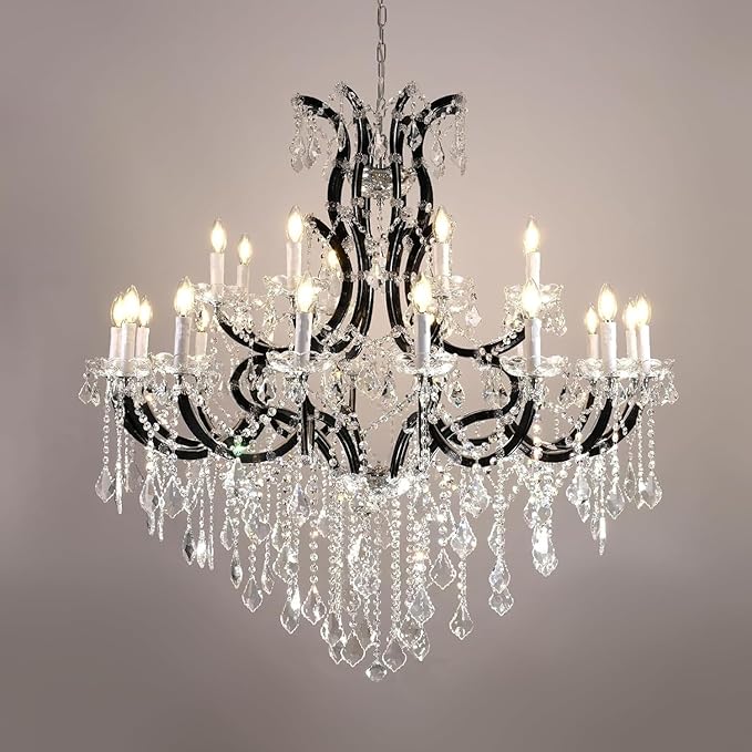 Large Black Crystal Chandelier Light Fixtures, 24 Lights Modern Crystal Chandeliers for Hotel, Lobby, Foyer, Entryway Hall, Staircase High Ceiling 50'' Chandelier 2 Layers