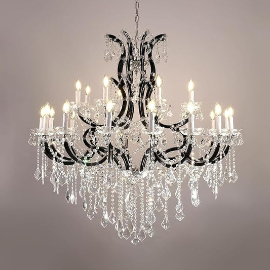 Large Black Crystal Chandelier Light Fixtures, 24 Lights Modern Crystal Chandeliers for Hotel, Lobby, Foyer, Entryway Hall, Staircase High Ceiling 50'' Chandelier 2 Layers