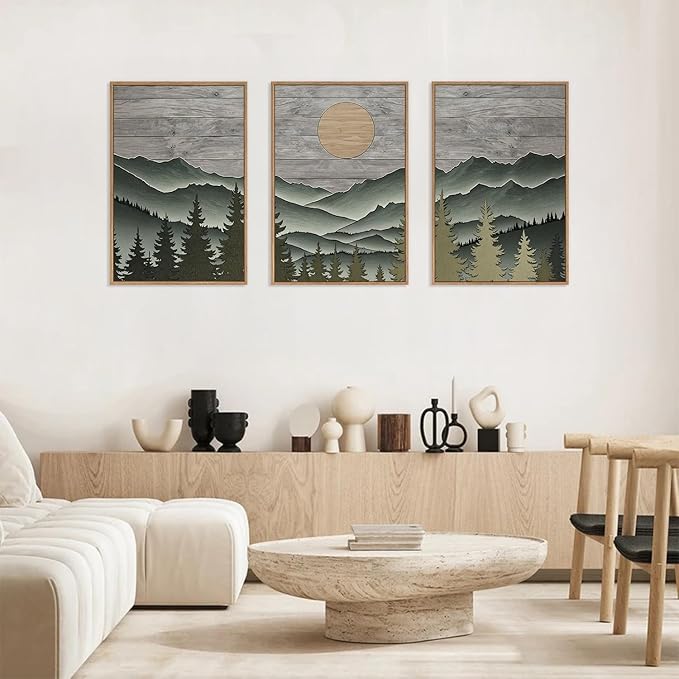 HLNIUC Mountain Framed Canvas Wall Art,Large Green Forest Woodcut Wall Decor Set of 3(16”x24”)Abstract Sun Forest Pine Trees Wall Painting,Rustic Sun Nature Landscape Art Print for Living Room,Bedroom