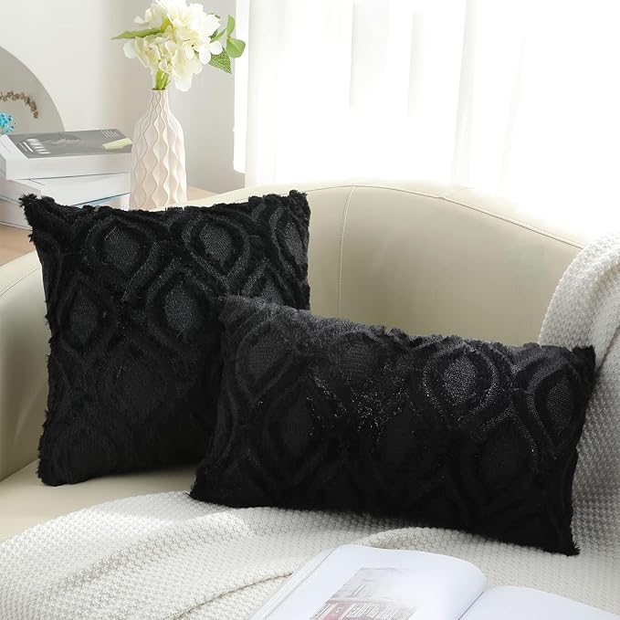 decorUhome Fall Throw Pillow Covers 12x20 Inch Set of 2, Soft Plush Decorative Faux Fur Black Solid Couch Pillow Covers, Accent Farmhouse Neutral Lumbar Euro Pillow Cases for Sofa Bed Living Room
