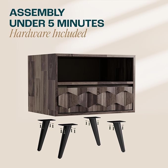 Bme Georgina Solid Wood Nightstand with 1 Drawer & Open Shelf- Fully Assembled Mid Century Modern Side Table - Geometric Pattern Bedside Dresser for Bedroom and Living Room, Mocha