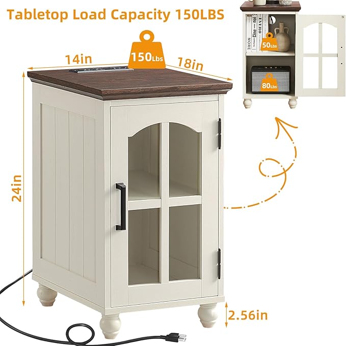 Narrow Side Table Set of 2,White Nightstand with Charging Station,End Table with Glass Barn Door Storage, Cabinet Organizer with Adjustable Shelf, Night Stand for Small Spaces Living Room Bedroom