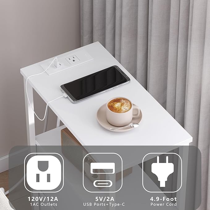 TUTOTAK Narrow Night Stand with Charging Station, Slim End Table with Plugins, Tall Side Table with 3 Fabric Drawer, Small Bedside Table with Storage, Set of 2, Living Room, Bedroom, White TB01BW073