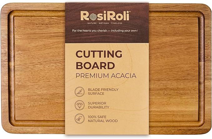Acacia Wood Cutting Board for Kitchen - 0.8 inch Thick Wood Charcuterie Cheese Board with Side Handles and Juice Grooves, Wooden Chopping Block for Meat and Veggies, 11.5x7 inch