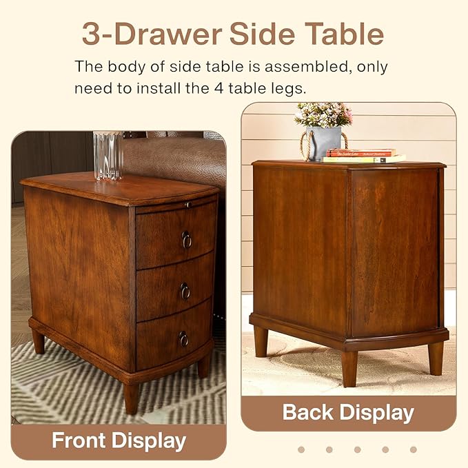 Set of 2 Solid Wood End Table with 3 Drawers, Fully Assembled Nightstand with Sliding Shelf, Pre-Assembled Vintage Wooden Beside Tables In Cherry Brown for Small Space,13.4*22.4*22.6in