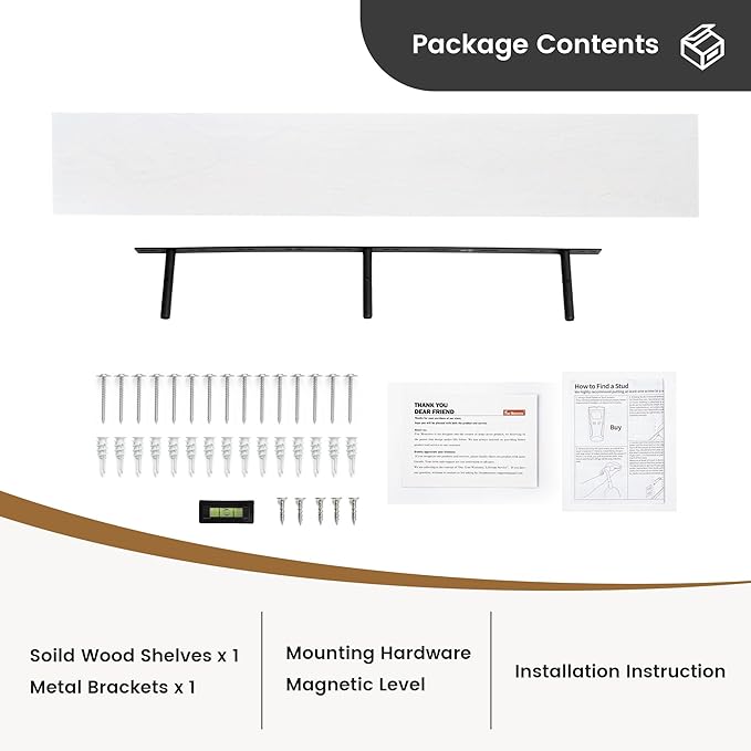 Fun Memories 48 Inch Floating Shelves for Wall, Deep Rustic Solid Pine Wood Shelf - Farmhouse Wall Mounted Display Shelf with Heavy-Duty Metal Bracket, 48" W x 8" D, Set of 1, White