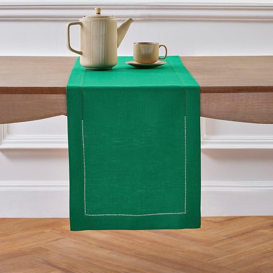 Solino Home Linen Emerald Green Hemstitch Table Runner 60 Inches - 100% Pure Linen Small Table Runner 14 x 60 Inch Ideal for Dresser and Coffee Tables - Classic Hemstitch