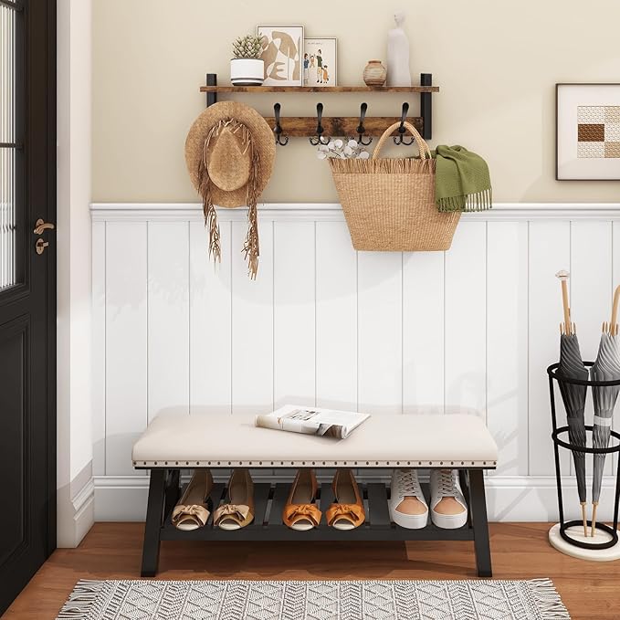 Homode Rustic Brown Wall Mount Coat Rack with Shelf and 5 Tri Hooks, Wood Coat Hangers for Hanging Hat, Towel, Purse, Jacket