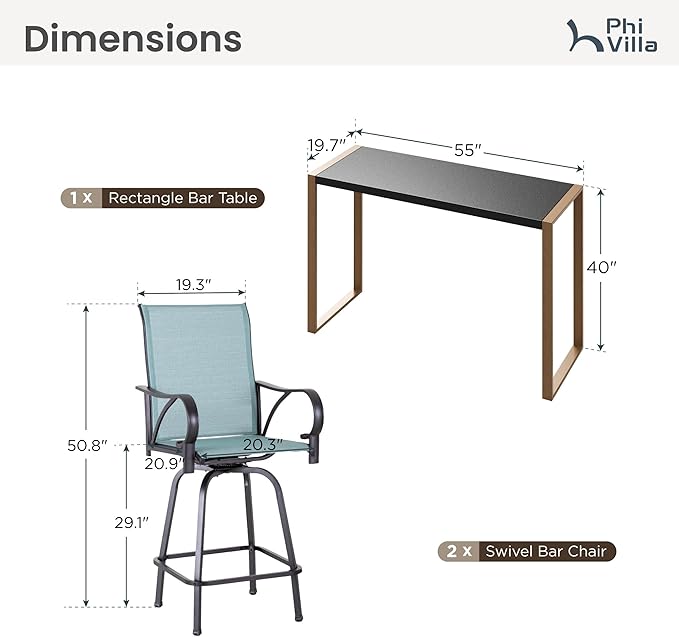 PHI VILLA 3 Piece Outdoor Bar Set, High Top Patio Bistro Table and Bar Chairs with Teal Textilene Fabric & Rustproof Metal Frame for Backyard, Balcony, Garden & Poolside