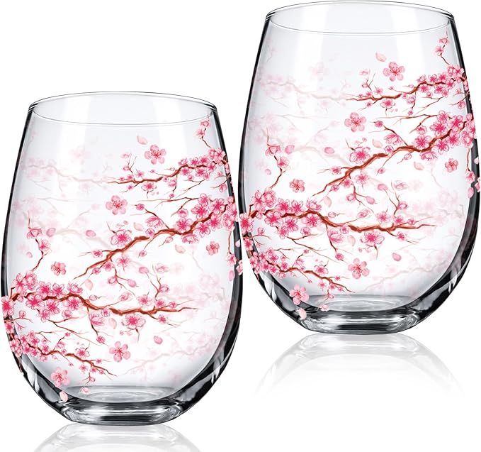 Sliner 2 Pack 17oz Cherry Blossom Stemless Wine Glasses Floral Drinking Glasses Cherry Blossom Tumbler Cups for Women Birthday Anniversary Gift Parties Supplies