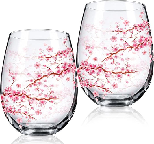 Sliner 2 Pack 17oz Cherry Blossom Stemless Wine Glasses Floral Drinking Glasses Cherry Blossom Tumbler Cups for Women Birthday Anniversary Gift Parties Supplies