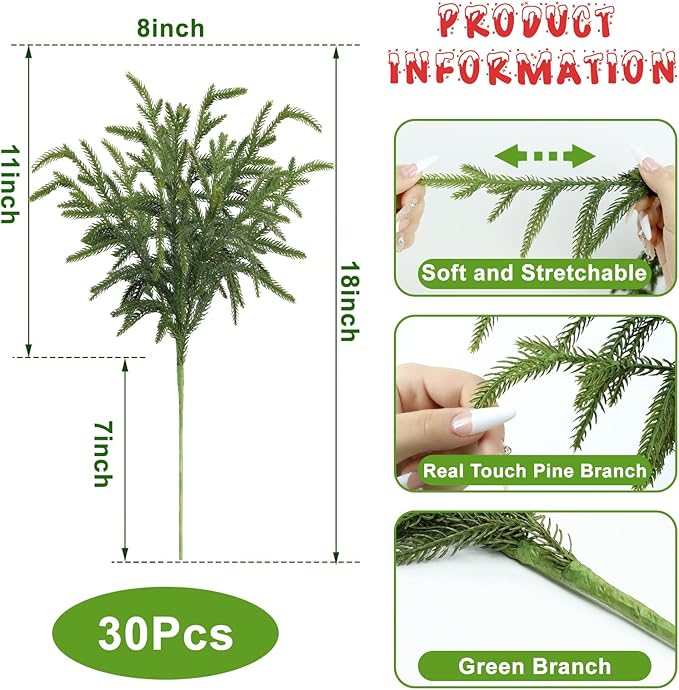 Artgar 30 Pcs Pine Branches - 18 Inch Artificial Green Pine Stem - Real Touch Christmas Greenery Pines Branches for DIY Flower Arrangement Home Indoor Christmas Decor