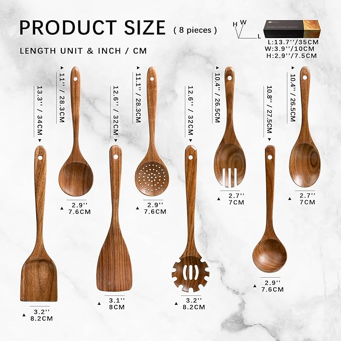 Wooden Spoons for Cooking, Nonstick Cooking Utensil Set with 8 Piece Acacia Wooden Spatulas and Spoons for Cooking, Terrific for Everyday Kitchen Tasks