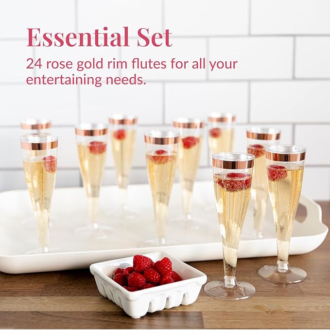 Prestee Set of 24 Plastic Champagne Flutes with Rose Gold Rim - 4.5 oz - Shatterproof Disposable Glasses - Elegant Design - Ideal for Weddings, Cocktail Parties, and Outdoor Celebrations