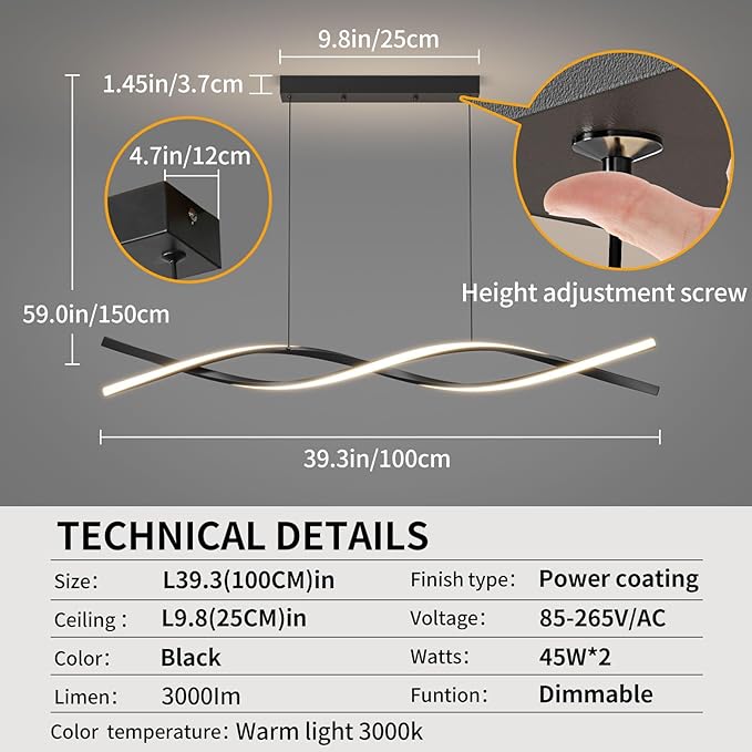 Modern Ceiling Pendant Light, Dimmable LED Pendant Light, Dimmable 3 Color Mode Chandelier for Living Room, Dining Room, Kitchen, Bedroom,Bar(Black, 39IN)