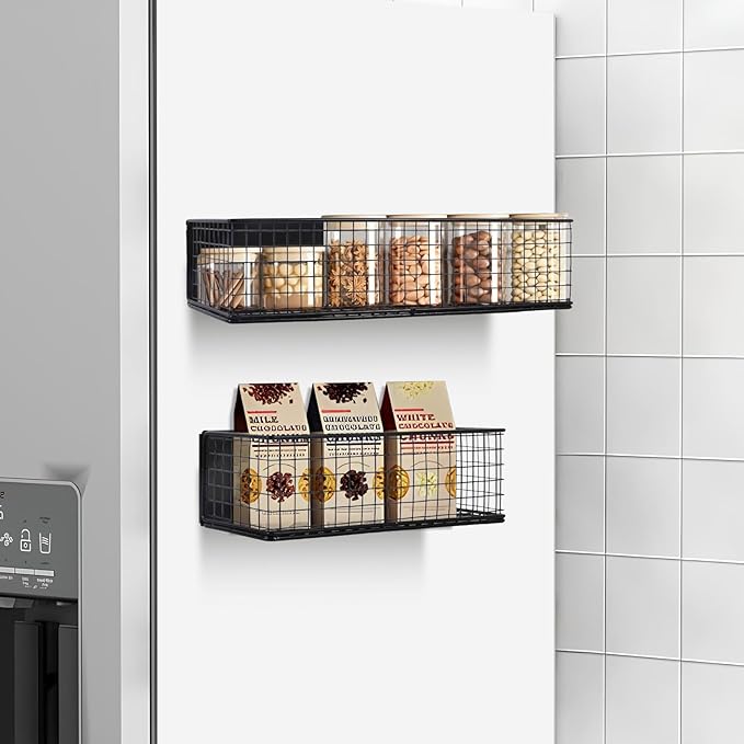 Magnetic Basket, Magnetic Shelf for Fridge,Magnetic Spice Rack Wire Mesh Magnetic Organizer Holder Accessories for Office Kitchen Classroom Storage, Black-High, Large x1&Small x1 Set of 2