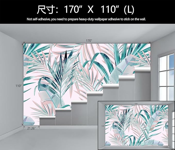 Tropical Pink Palm Leaf Wallpaper Girls Bedroom Colorful Plant Leaves Wall Mural Living Room (Not Peel and Stick)