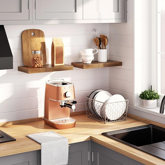 HOOBRO Floating Shelves for Wall, Wall Mounted Shelf Set of 2, 15.7" Hanging Shelf with Invisible Brackets, for Wall in Bathroom, Bedroom, Toilet, Kitchen, Living Room, Office, Rustic Brown BF40BJ01