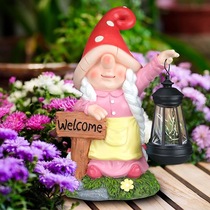 Solar Garden Gnome Statue Holding LED Lantern with Welcome Sign Outdoor Ornaments Waterproof Christmas Decoration for Outside Patio Yard Lawn Decor (Pink)