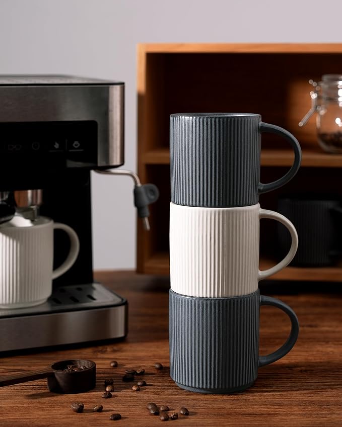 famiware Coffee Mug Set for 4, Star 12 oz Catering Mugs Cup Set with Handle for Coffee, Tea, Cocoa, Milk - Ceramic Stoneware Drinkware Set, Matte White + Matte Black