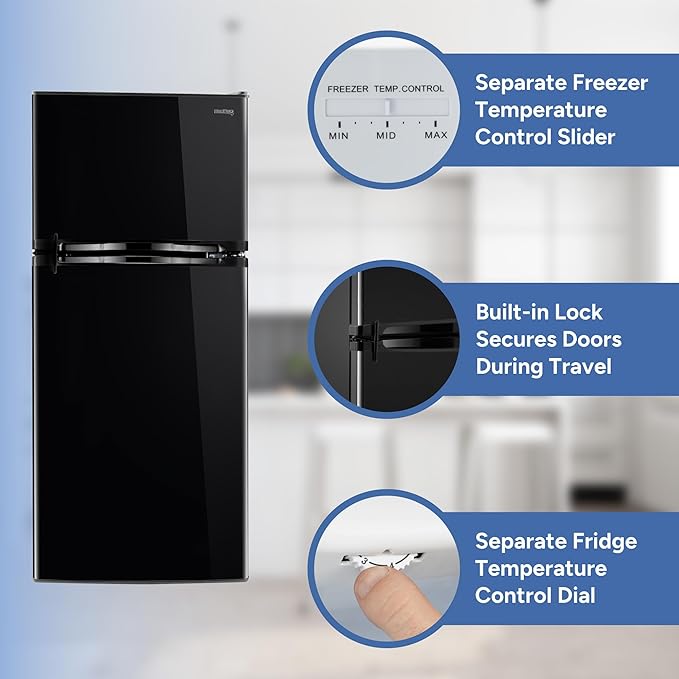 RecPro 10 Cu Ft 12V RV Refrigerator | Black Frost-Free Fridge with Freezer | Double Door, Adjustable Shelves, Reversible Door, Built-In Lock | 23.5”W x 26”D x 59”H | Off-Grid & Dry Camping Ready