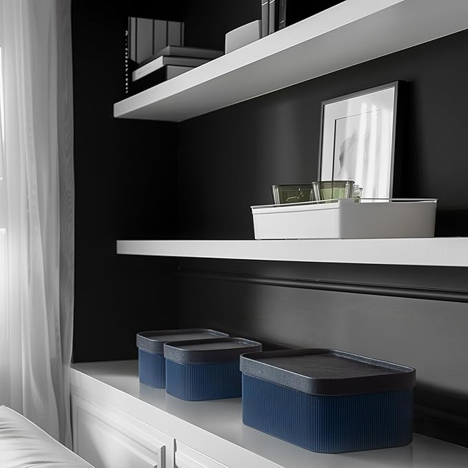 La Jolie Maison Fluted Cardboard Storage Baskets with Vegan Leather Lids, Sturdy Stackable Paper Boxes Decorative Tray, Basket Organizer Bins for Bathroom Bedroom Organizing, Navy Blue, Set of 3