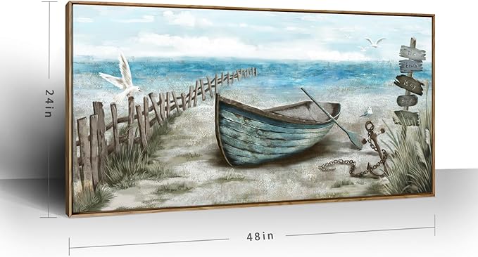 Large Framed Wall Art for Living Room Coastal Canvas Picture Seagull Vintage Boat Artwork Ocean Sea Bird Canvas Print Nautical Rowboat Blue Teal Rustic Beach Themed Farmhouse Bedroom Office Decor