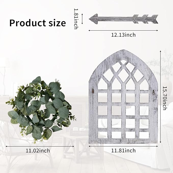 Rustic Wood Window Frame with Green Wreath and Arrows Wall Decor，Farmhouse Window Frame Hanging Decor, Wooden Fake Decoration,Window Pane Wall Decor,Set of 2 (windows white)