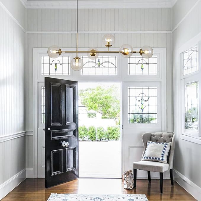 KCO Lighting Globe Linear Chandelier 6 Light Amber Glass Pendant Light Fixture Gold Kitchen Island Lighting Long Brass Sputnik Chandelier Dining Room Light Fixtures Over Table