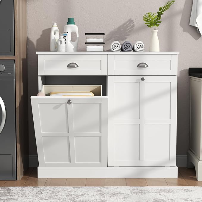 Loomie Double Tilt Out Laundry Hamper Cabinet, Hidden Laundry Cabinet with 2 Drawers & 2 Baskets, 30 Gallon Trash Can for Bathroom, Kitchen, White