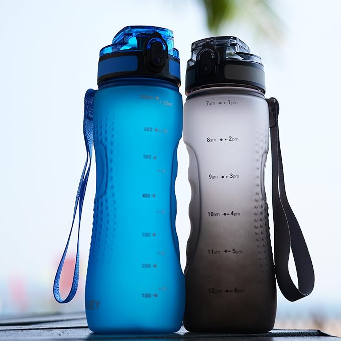 OLDLEY 25 oz Water Bottle, Motivational Water Bottle with Time Marker, Sports Water Bottle With Strap, Leakproof & BPA Free Large Water Bottles for School, Gym, Travel, Outdoor, Tritan,Blue