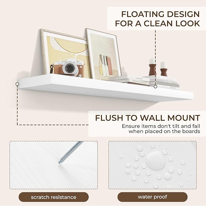 RICHFOCUS 40Inch Floating Shelves for Wall 2 Pack Shelves for Bedroom|Kitchen|Bathroom Wall Mounted Rustic Wood Floating Shelf with Invisible Brackets for Books|Storage|Decor, White