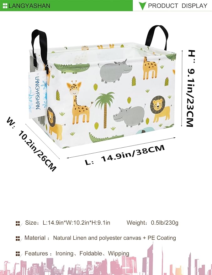 LANGYASHAN Rectangular Storage Bin Collapse Canvas Fabric Cartoon Storage Basket with Handles for Organizing Home Kitchen Boys and Girls Toys Office Closet Shelf Baskets (Rec animal)