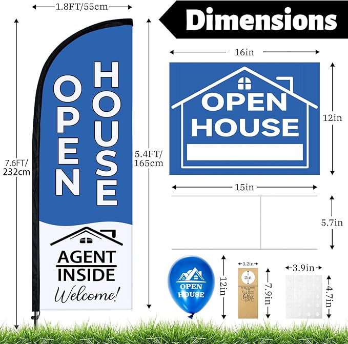 44 Pcs Open House Signs for Real Estate Agent Supplies, Double Sided Open House Flag Kit for Outside, 7.6 x 5.4 Ft Blue Banner Flag Poles Set with Directional Arrows Yard Sign Stakes Balloons