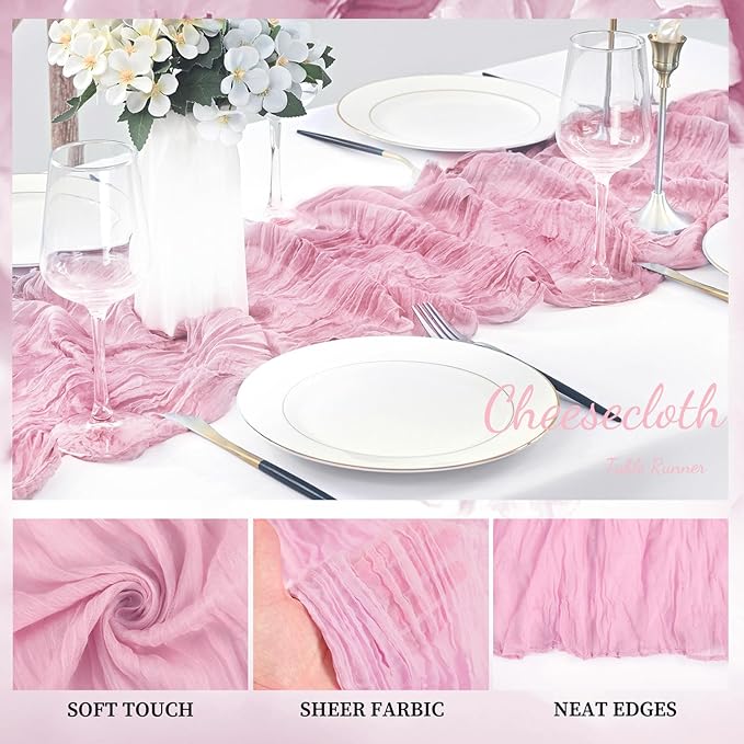 Light Pink Cheesecloth Table Runner 12 Pack 10FT Rustic Gauze Fabric Cheese Cloth Table Runner for Wedding 20 x 120 Inch Long Bridal Baby Shower Table Decorations Boho Sheer Birthday Party Table Decor