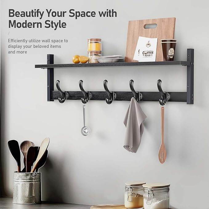 Tatub 29" Rustic Coat Rack Wall Mount with Shelf, Entryway Wall Hooks with Shelf, Coat Hangers for Bathroom, Living Room, Bedroom, Black