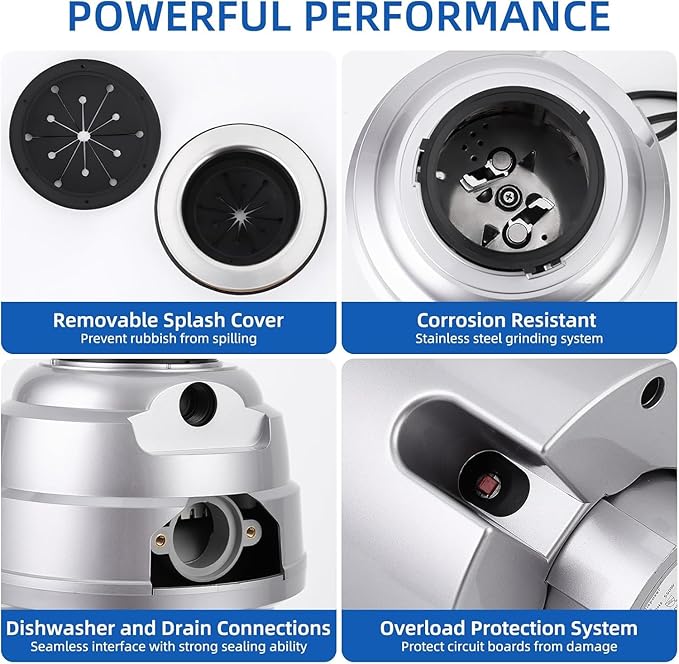 Powerful 3/4HP Stainless Steel Garbage Disposer, Dishwasher-Friendly and Continuous Feeding Waste Disposer, Grinding Material Four-Stage Grinding, Silver