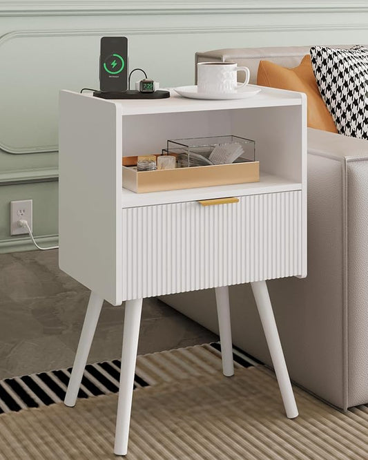 Nightstand,Modern Bedside Table with Storage Drawer and Open Wood Shelf, Accent Night Stand with Solid Wood Legs for Living Room, Bedroom and Small Spaces,Easy Assembly (White-Outlet)