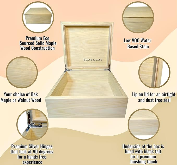 Blake & Lake Wooden Box with Hinged Lid - Solid Maple Wood Eco Box - Wood Storage Box with Lid - Wooden Keepsake Box - Decorative wooden boxes with lids (Maple)