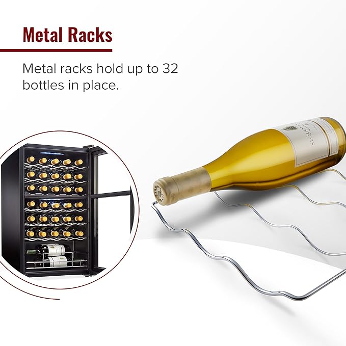 Wine Enthusiast 32-Bottle Dual Zone MAX Compressor Wine Cooler – Freestanding Mini Fridge with Digital Touchscreen, LED Display, Split Storage for Red & White Wines, Matte Black Refrigerator Home Bar