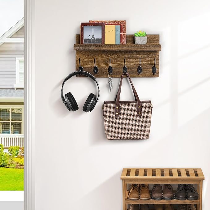 Shelf with Hooks, Coat Rack Wall Mount with 6 Double Metal Hooks, 17 Inch Farmhouse Wall Hooks with Shelf, for Entryway, Bathroom, Kitchen, Rustic Brown
