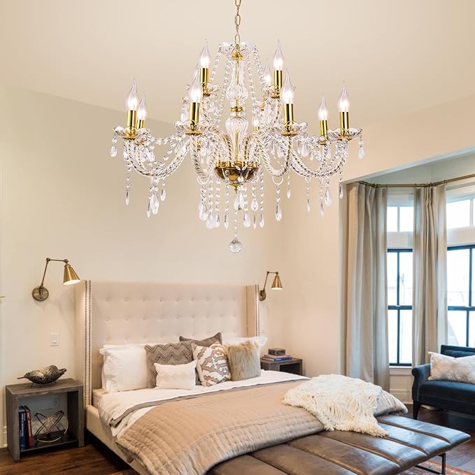 Modern Elegant 12 Lights K9 Crystal Glass Chandelier Golden Pendant Ceiling Lighting European Style for Dining Living Room Bedroom Transparent,12 E12 Bulbs Required