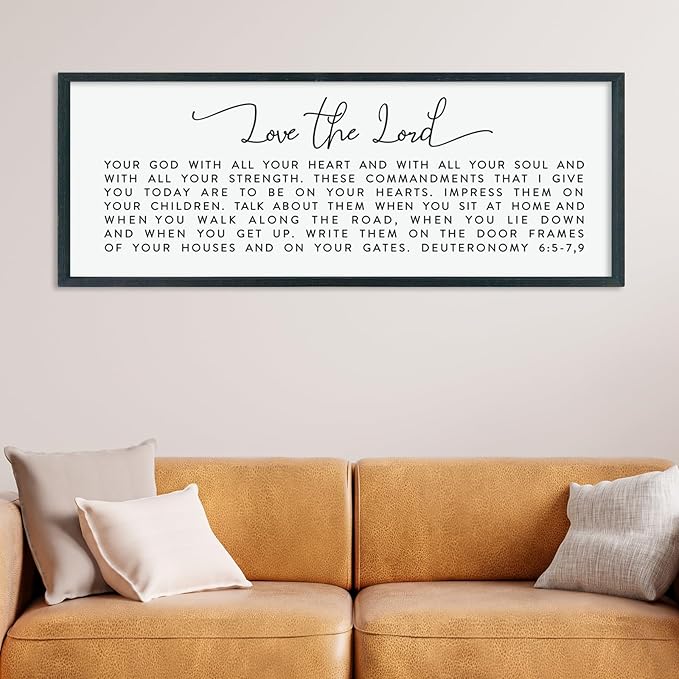 LuZhiQiang Love The Lord Your God With All Your Heart Wall Decor Art 40"×15" Deuteronomy 6:5-7, 9 Scripture Sign Bible Verse Large Wood Framed Wall Hanging (Black)