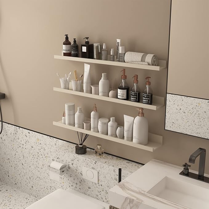 Giftgarden 36 Inch Floating Wall Shelves Creamy White Beige Wood-Grain, Large Picture Ledge Long Wooden Shelfs for Bedroom Living Room Kitchen Bathroom Nursery Office, Set of 3 Different Sizes