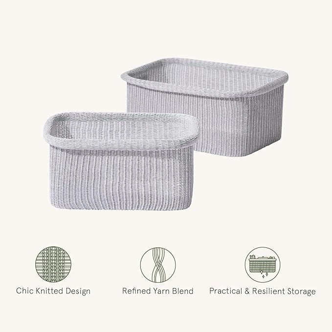 La Jolie Maison Blended Fabric Storage Baskets Set of 2, Rectangle Knitted Baskets for Organizing, Boho Decorative Baskets, Durable Finish, Grey