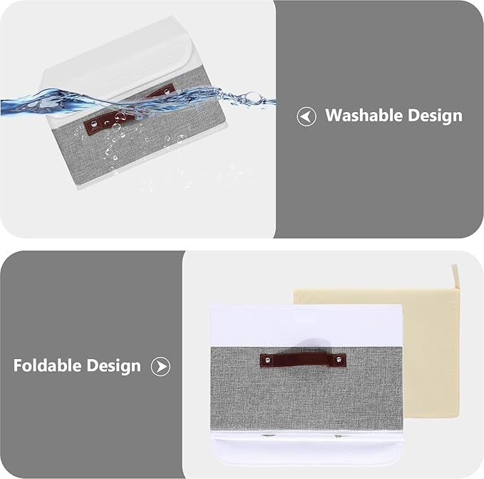 ANMINY 4PCS Storage Boxes with Lid Washable Decorative Storage Bins Basket with PU Leather Handle Foldable Linen Fabric Storage Cubes Containers for Home Closet Organizer - Gray White, Large Size